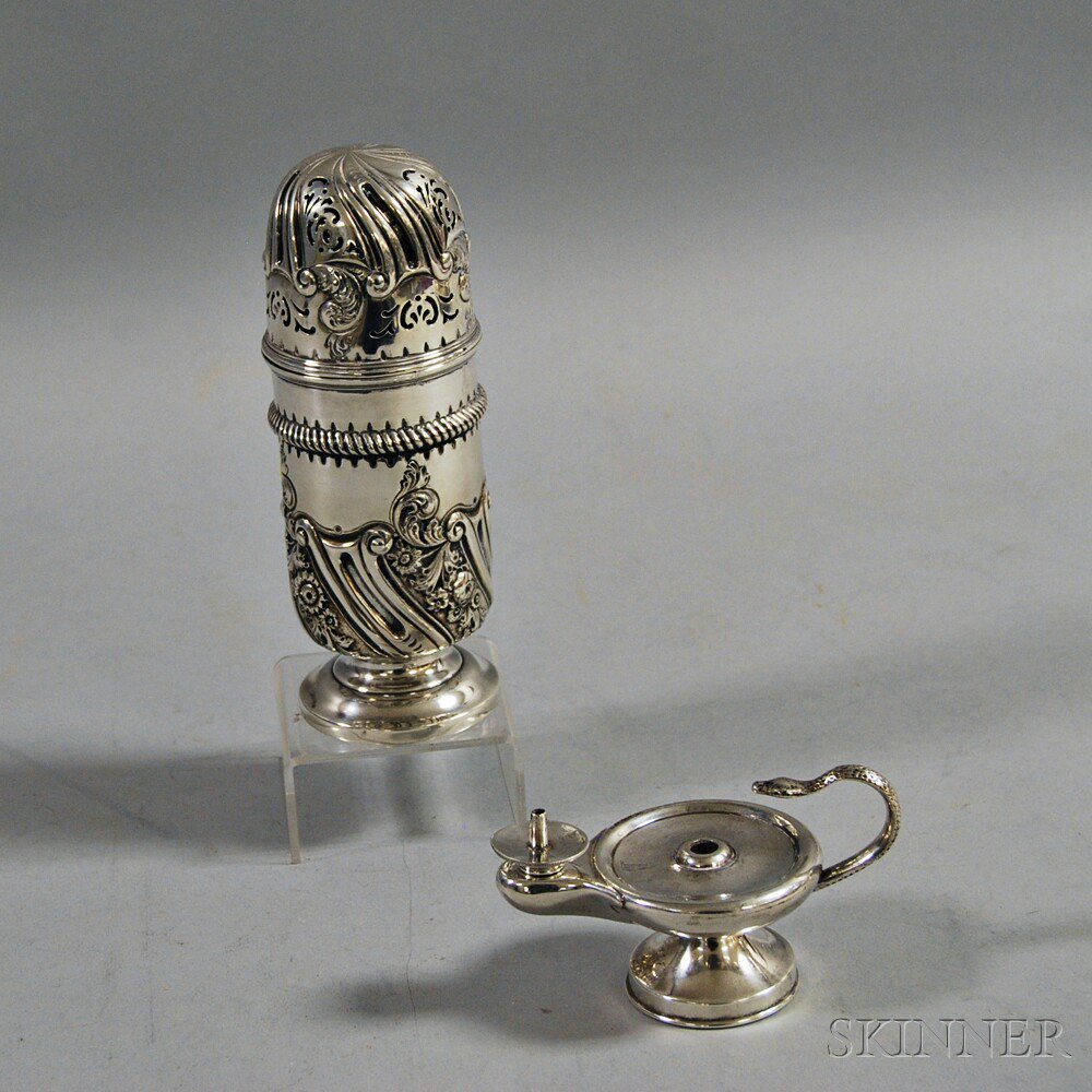 Appraisal: English Sterling Silver Sugar Caster and Oil Lamp the caster