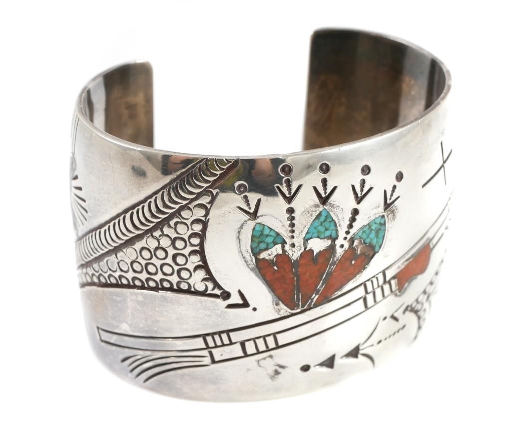 Appraisal: Inlaid turquoise mosaic sterling silver cuff bracelet by master Navajo