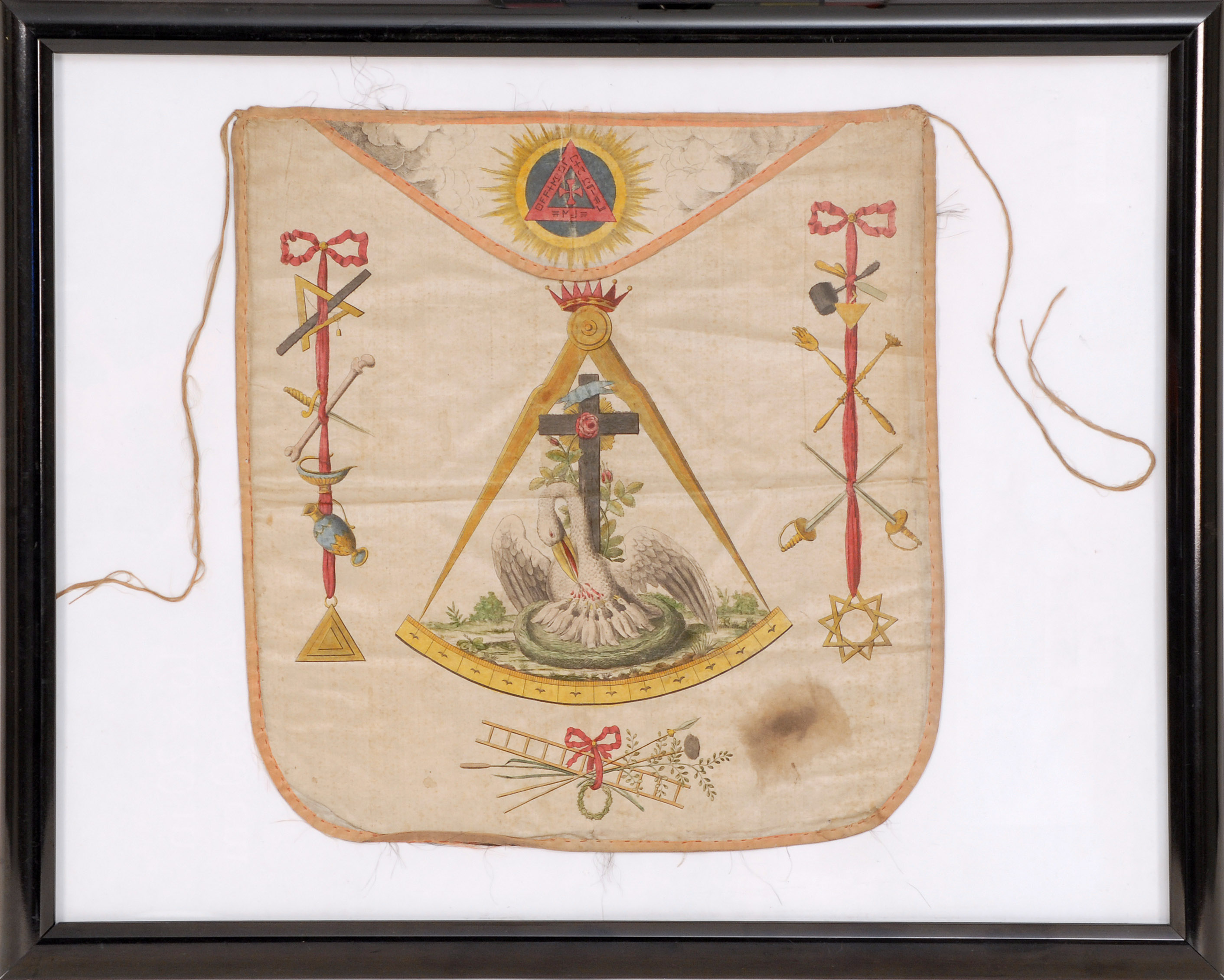 Appraisal: FRAMED ROSE CROIX APRON Circa sIn white silk with pink