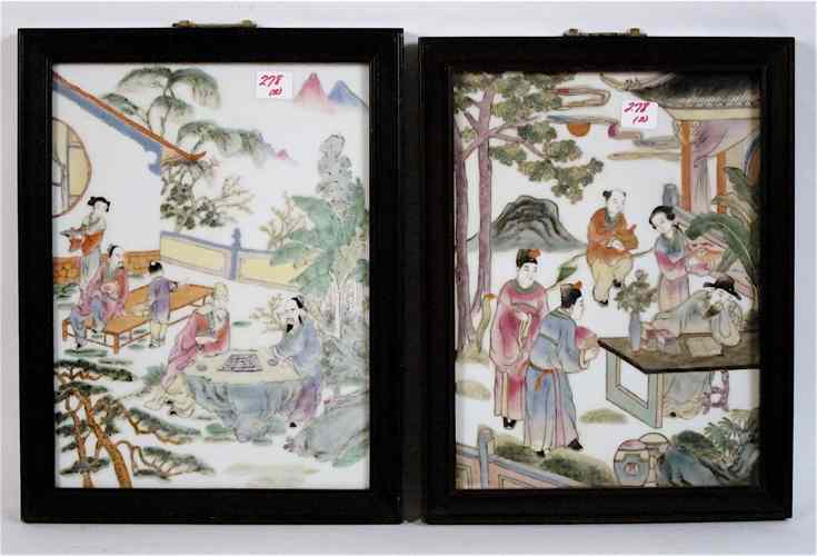 Appraisal: PAIR CHINESE HAND PAINTED GENRE SCENES on white porcelain plaques