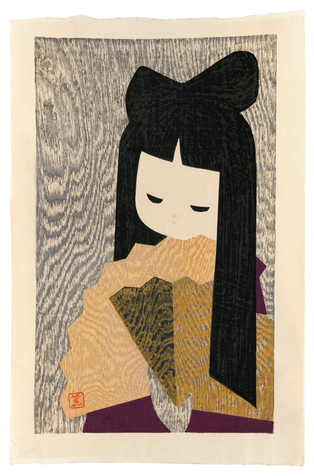 Appraisal: KAORU KAWANO JAPAN - GIRL WITH A FAN WOODBLOCK PRINT