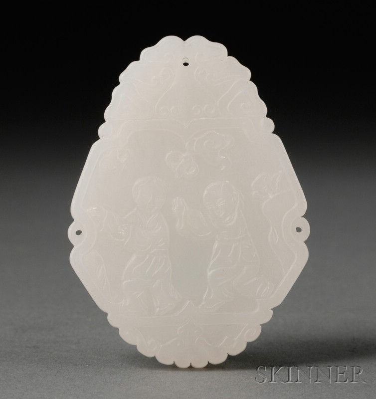 Appraisal: White Jade Pendant th century oval shape carved with children