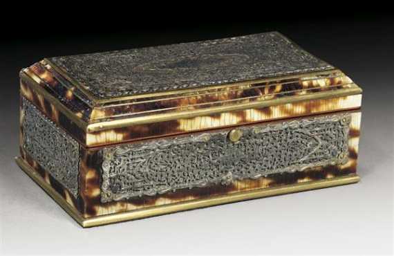 Appraisal: SMALL TORTOISESHELL BOX Restauration probably France th century Brown beige