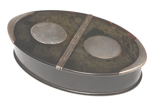 Appraisal: A GEORGE III TORTOISESHELL ELLIPTICAL DOUBLE LIDDED SNUFF BOX with