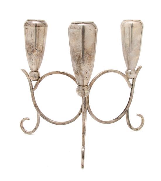 Appraisal: Mexican Sterling Silver Three-Light Candelabra C Zurita each tapering candle