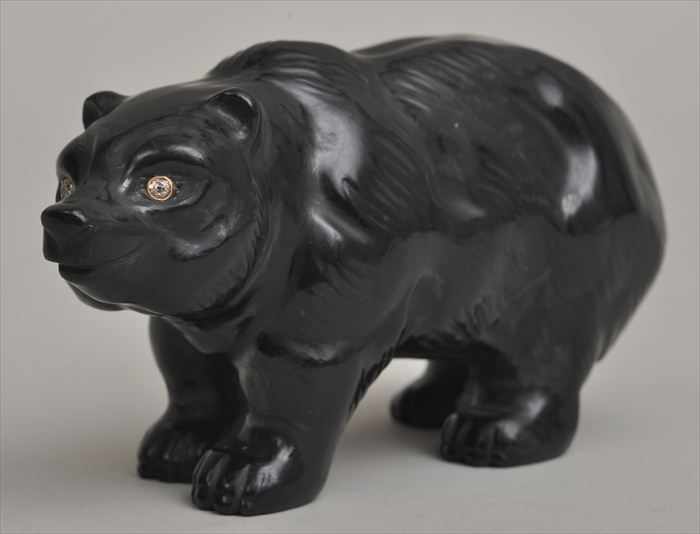 Appraisal: CARVED OBSIDIAN BEAR PROBABLY RUSSIAN Modeled standing with gold-ringed faceted