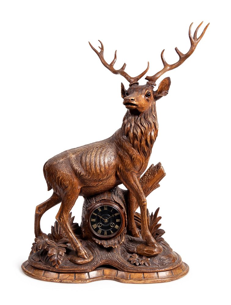 Appraisal: A Black Forest Carved Oak Stag-Form Mantel Clock A Black