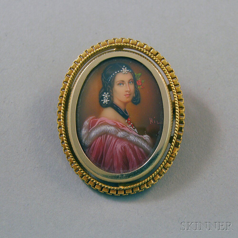 Appraisal: Corletto kt Gold-framed Painted Portrait Pendant Brooch Italy impressed CORLETTO