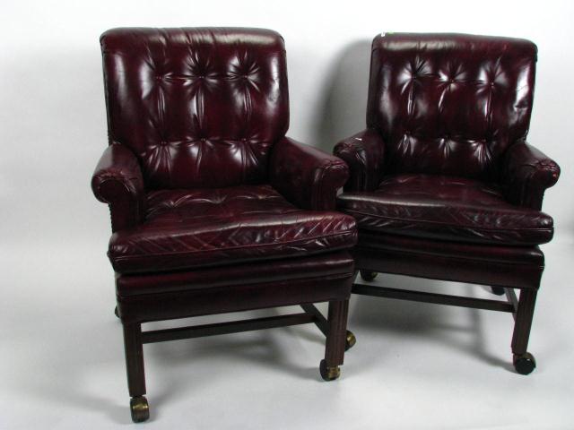 Appraisal: Pair of leather office guest chairs Chinese Chippendale style wood