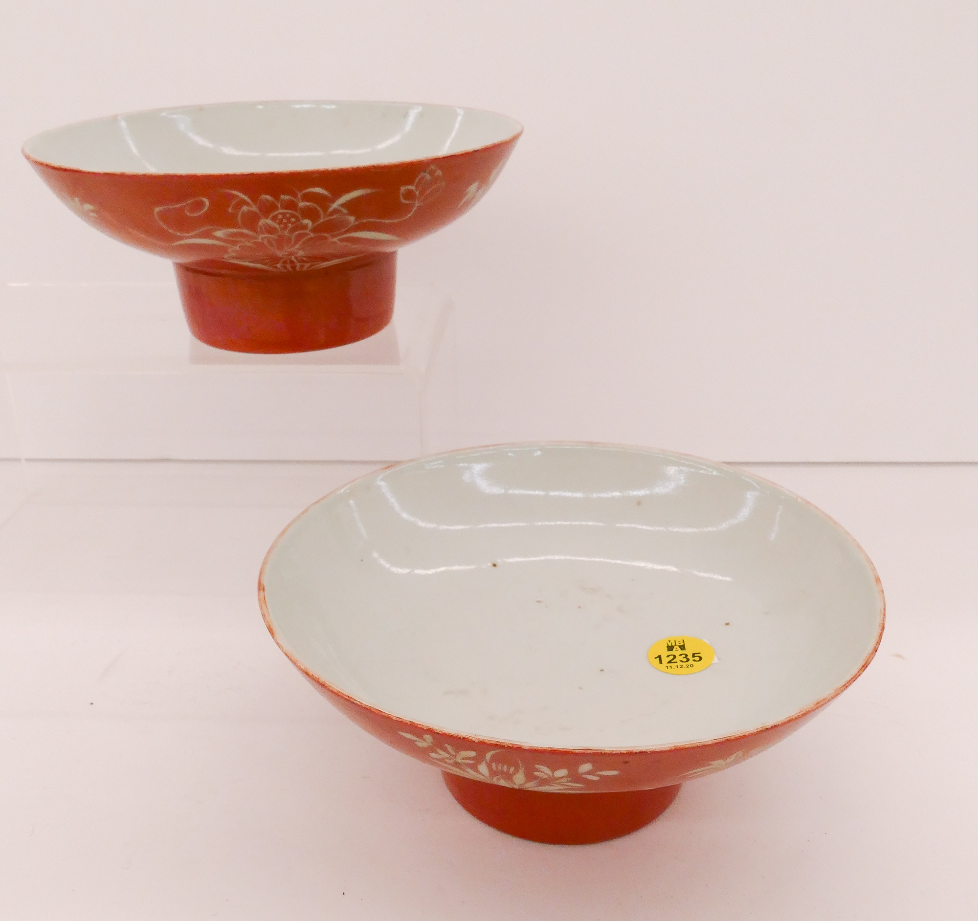 Appraisal: Pair Chinese Republic Coral Ground Decorated Bowls- x ''- one