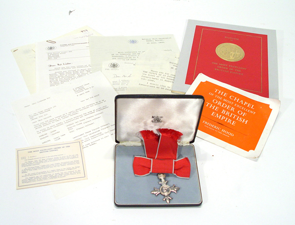 Appraisal: Cased MBE medal and certificate together with printed correspondence from