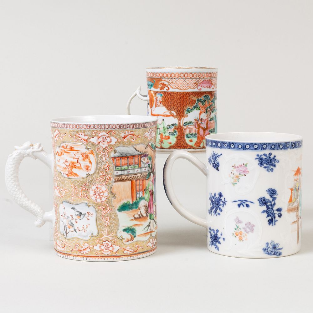 Appraisal: Three Chinese Export Porcelain Mugs Comprising A large mandarin palette