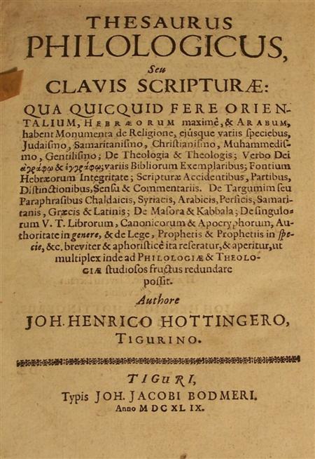 Appraisal: Hottinger Johann Heinrich Thesaurus philologicus seu Clavis scripturae Antwerp Johannis