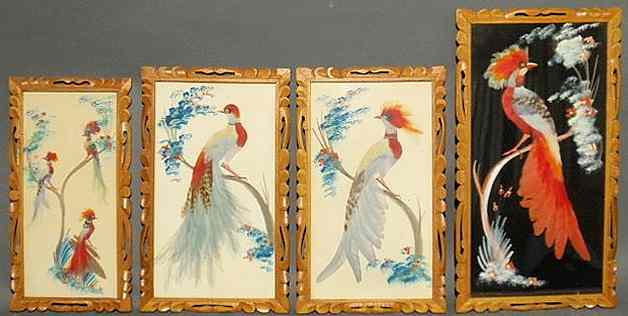 Appraisal: Four framed Mexican folk art feathered and watercolor works purchased