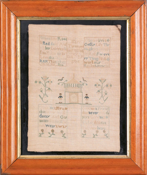 Appraisal: English silk on linen sampler dated wrought by Mary Thorowgood