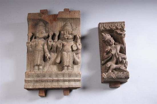 Appraisal: INDIAN WOOD FIGURAL PANEL Together with panel carved to depict