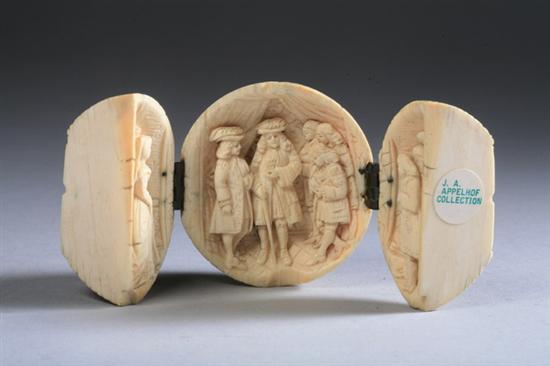 Appraisal: MINIATURE CONTINENTAL CARVED IVORY TRIPTYCH th century Finely carved depicting