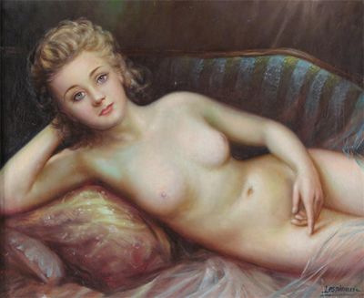 Appraisal: Lespinasse th Century Reclining nude Signed Oil on canvas x