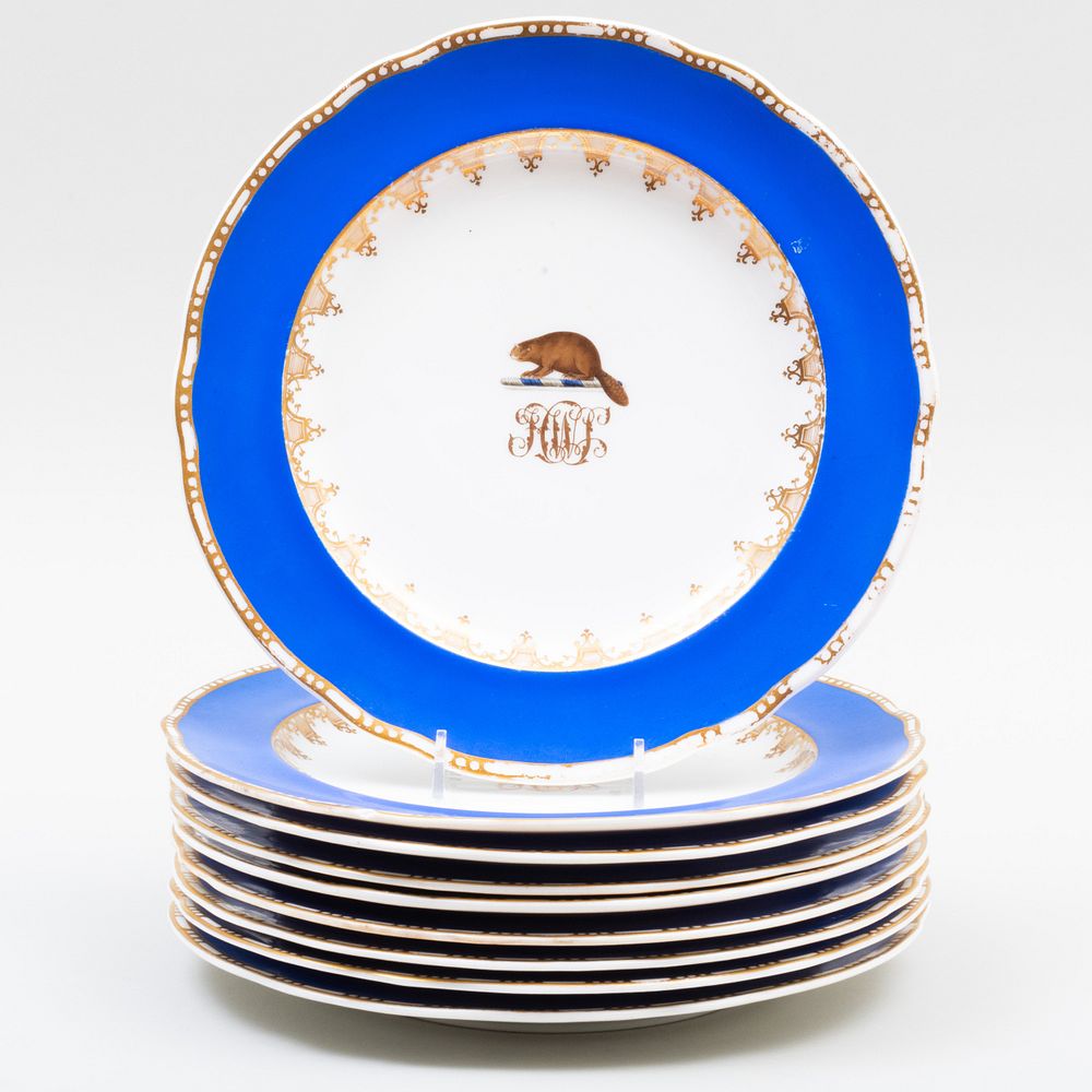 Appraisal: Set of Nine Copland Blue Ground Porcelain Plates with Beaver