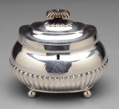 Appraisal: George III silver tea box oval bulbous stop-fluted body ball