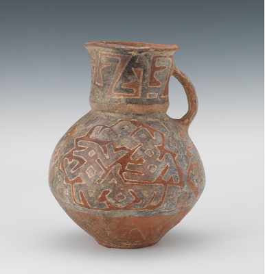 Appraisal: Pre-Columbian Jug Red clay jug with detailed pigment decoration which