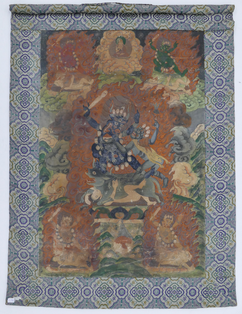 Appraisal: Old Tibetan Painted Yamantaka Thangka Silk Mounted ''x '' -