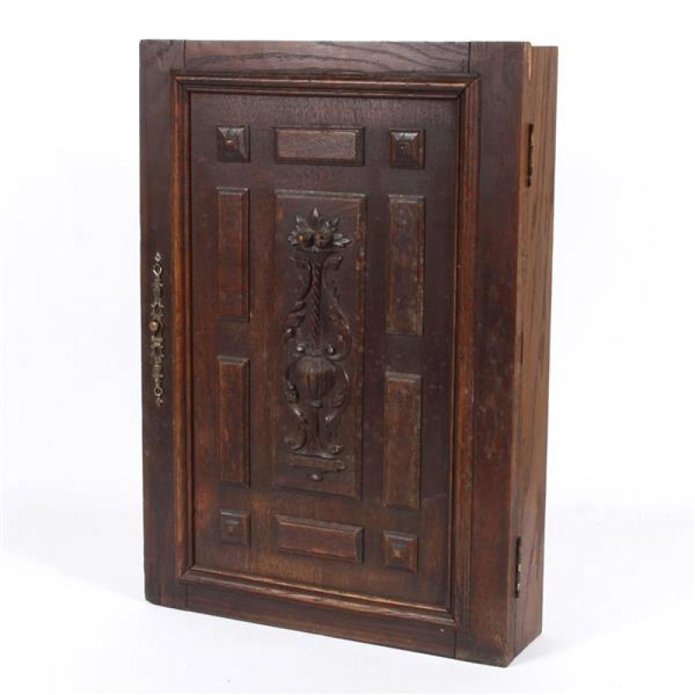 Appraisal: ANTIQUE ENGLISH OAK WALL CABINET WITH RELIEF CARVED FRONT PANEL