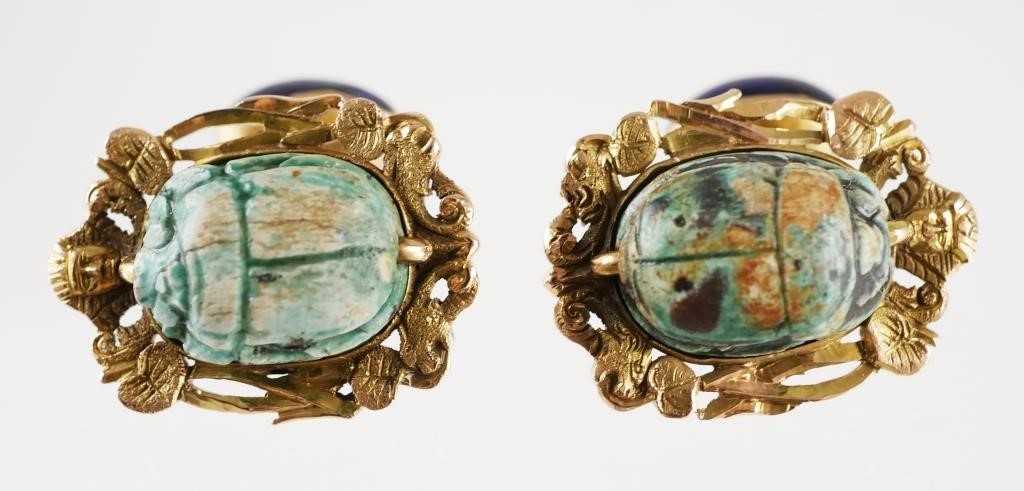 Appraisal: PAIR K VICTORIAN MAJOLICA SCARAB CUFFLINKSAntique pair of Victorian era