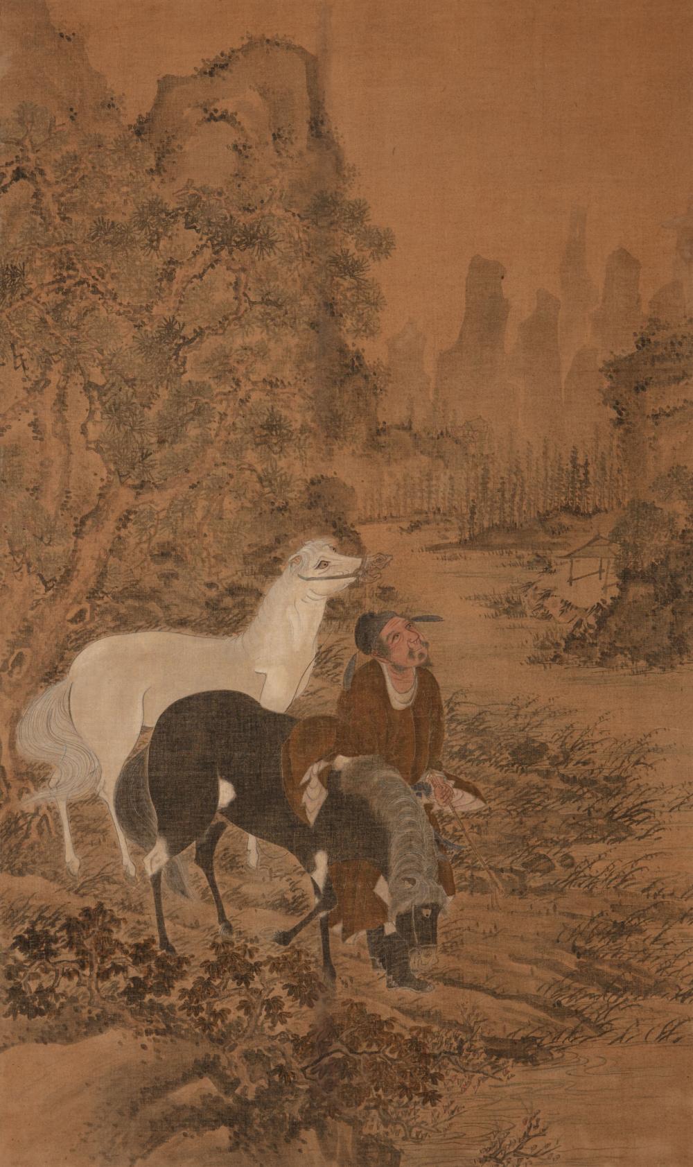 Appraisal: Chinese School probably th c Man Leading Horses decorative panel