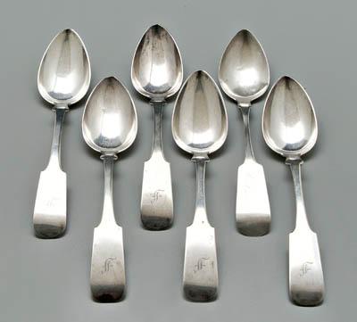 Appraisal: Six coin silver spoons fiddle handles rounded fins downturned most