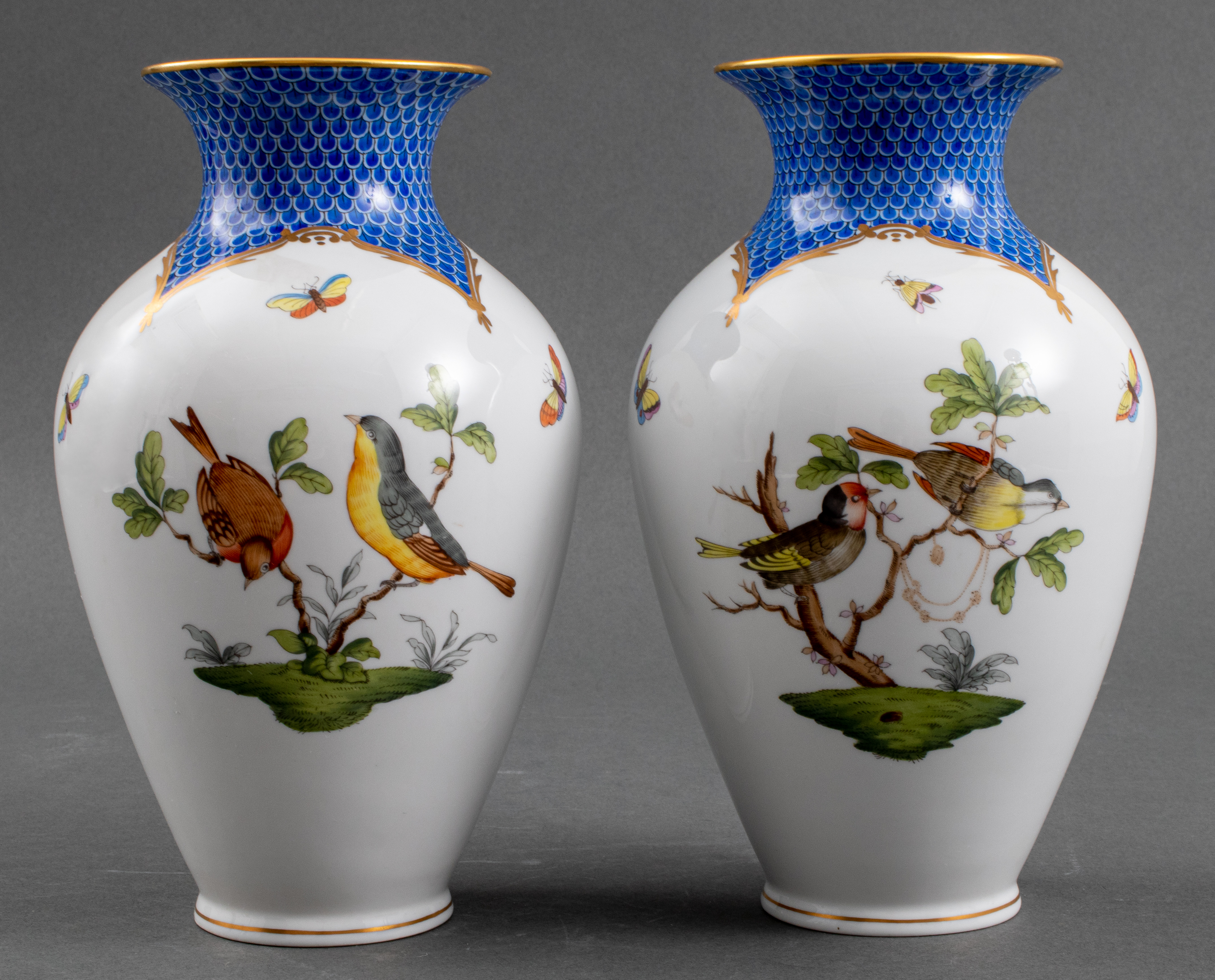 Appraisal: HEREND VASES ROTHSCHILD BIRD BLUE FISH SCALE Pair of Hungarian