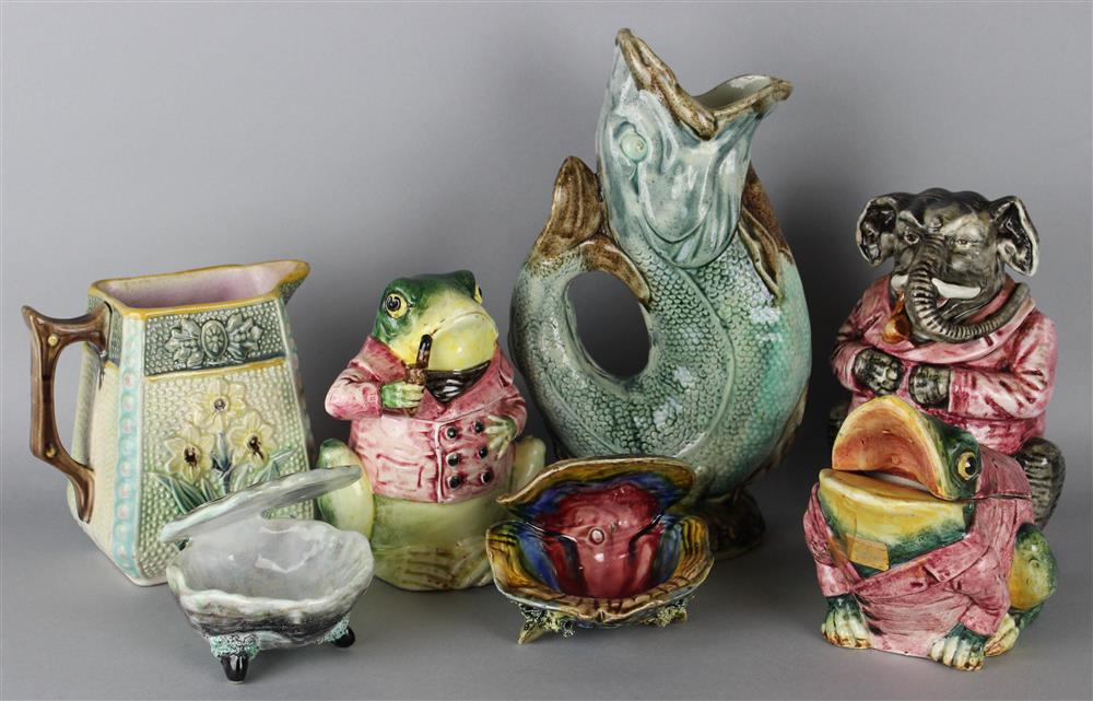 Appraisal: GROUP OF SEVEN MAJOLICA PIECES including a box formed as