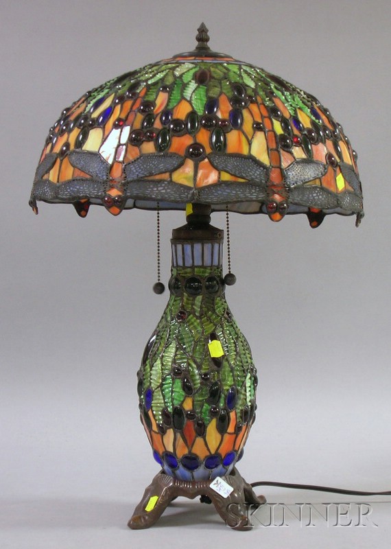 Appraisal: Contemporary Leaded Glass Dragonfly Pattern Table Lamp approx ht dia