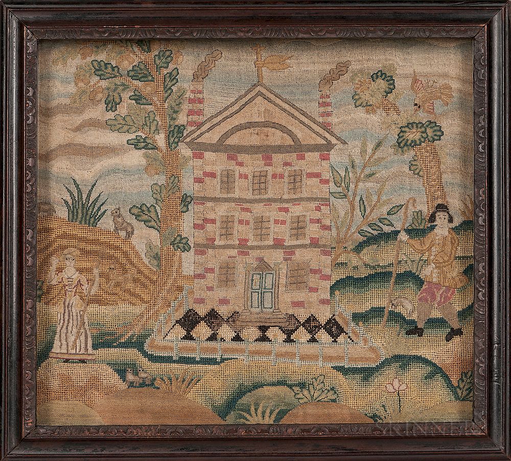 Appraisal: Needlework Picture of a Brick Mansion Needlework Picture of a