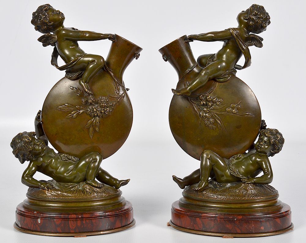 Appraisal: Auguste Moreau Pr Bronze Cherub Vases Auguste Moreau France -