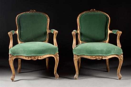 Appraisal: Pair of Louis XV style giltwood upholstered fauteuils th century