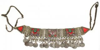 Appraisal: North African Coin Metal Belt Metal with glass decoration applied