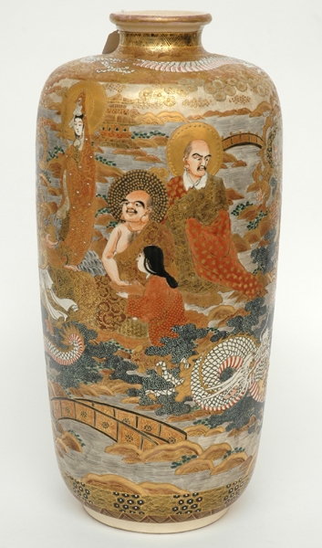 Appraisal: A LARGE JAPANESE SATSUMA VASE Meiji Period Cylindrical with short