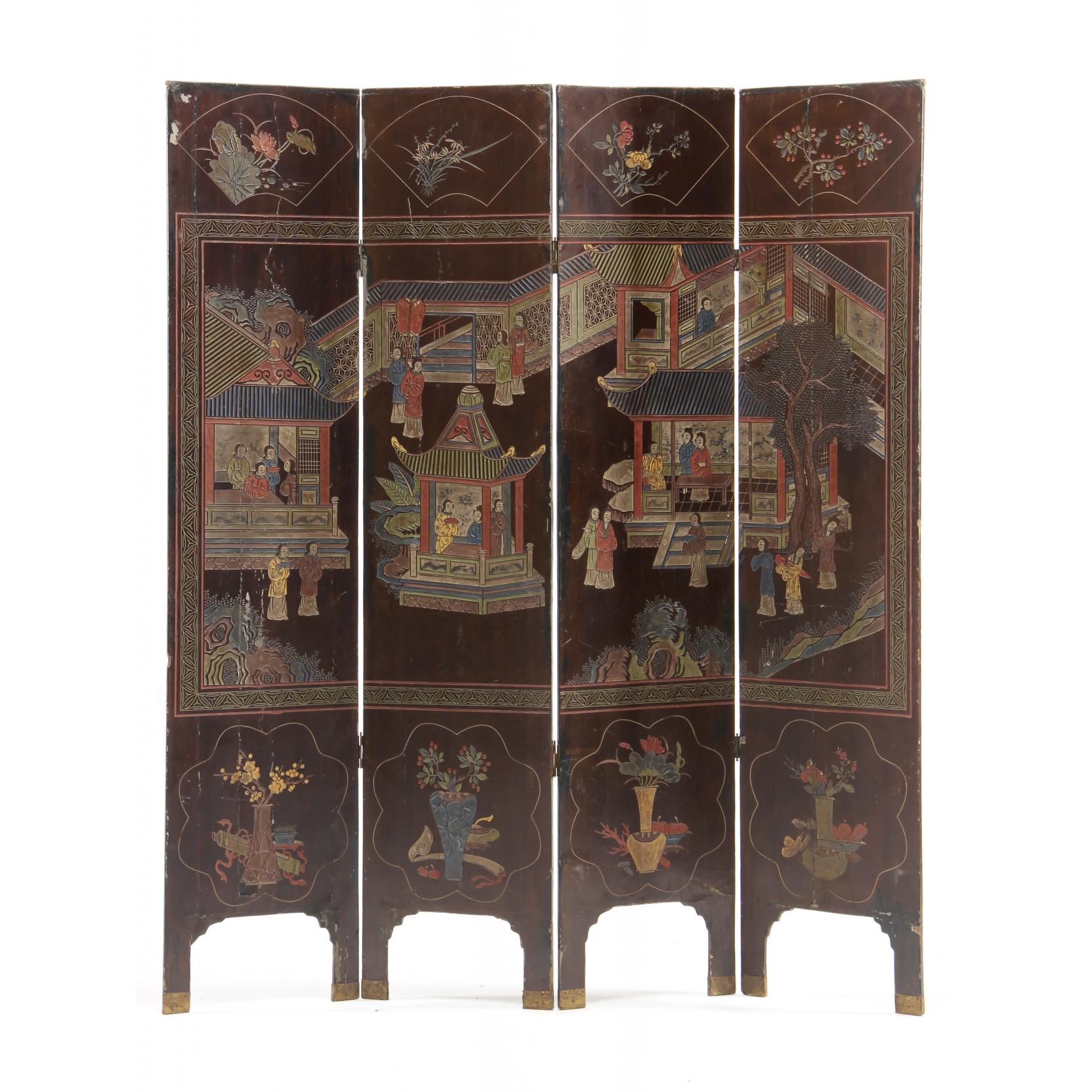 Appraisal: Chinese Four Panel Floor Screen late th century carved and