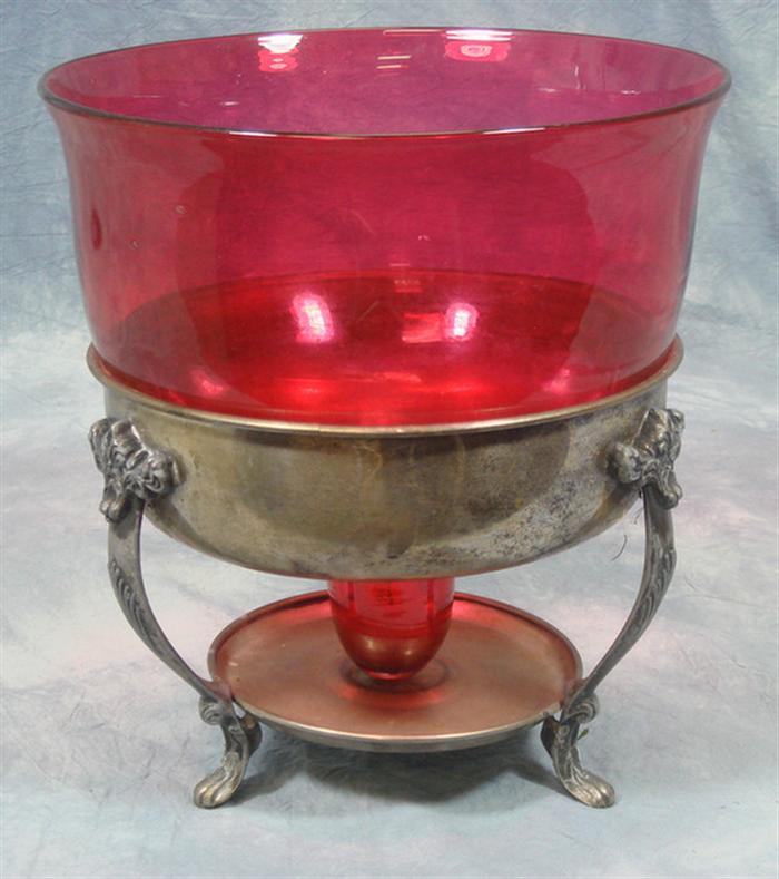 Appraisal: Cranberry glass center bowl in plated silver frame h d