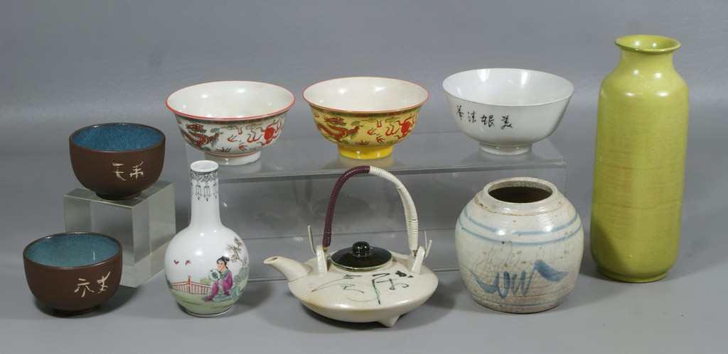 Appraisal: pcs Asian pottery to include a Japanese Sake pot modern