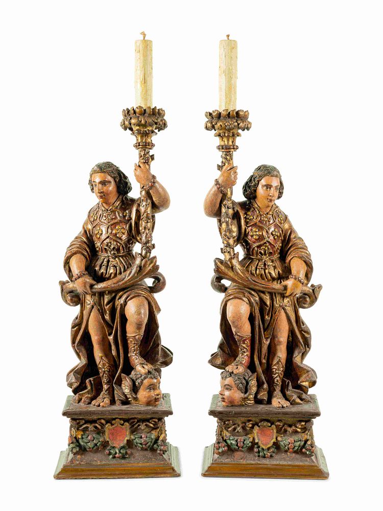 Appraisal: A Pair of Continental Carved Painted and Parcel Gilt Figural