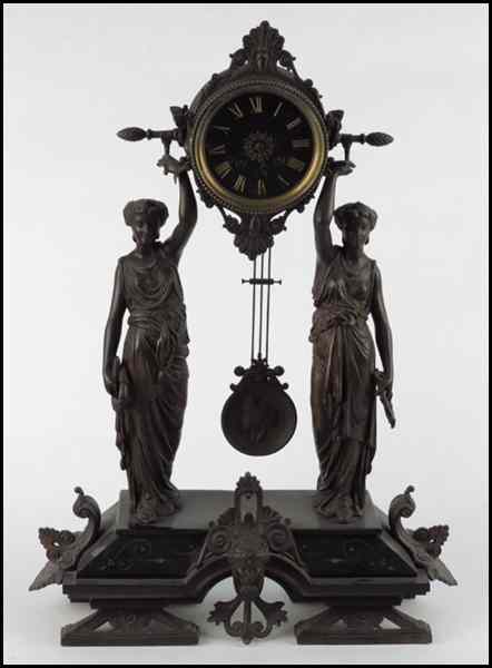 Appraisal: NEOCLASSICAL STYLE PATINATED METAL MANTLE CLOCK H '' W ''