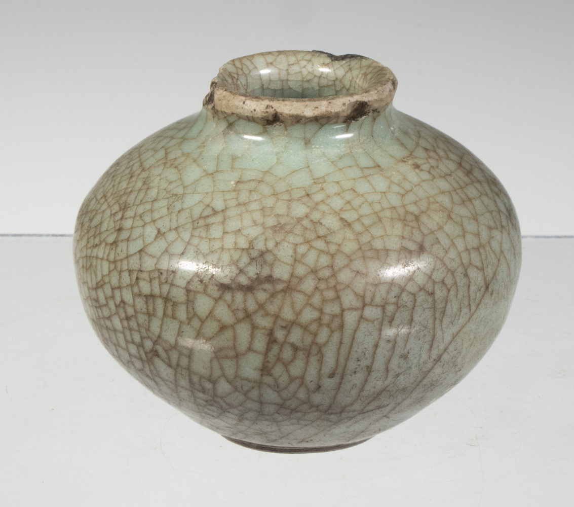 Appraisal: KOREAN POTTERY VESSEL INK JAR Koryo Crackled Celadon Glaze Squatty