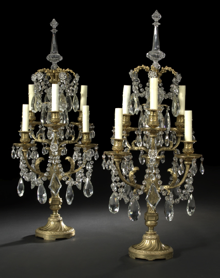 Appraisal: Stately Pair of French Gilt-Brass and Cut Glass Tiered Six-Light