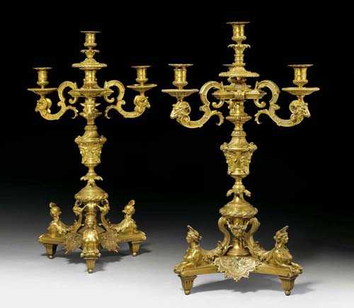 Appraisal: PAIR OF CANDELABRAS AUX SPHINGES late R gence after designs