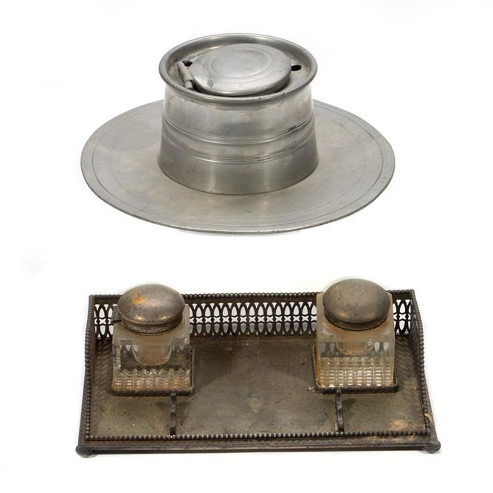 Appraisal: Desk Top Accessories Including an inkwell and pen stand with