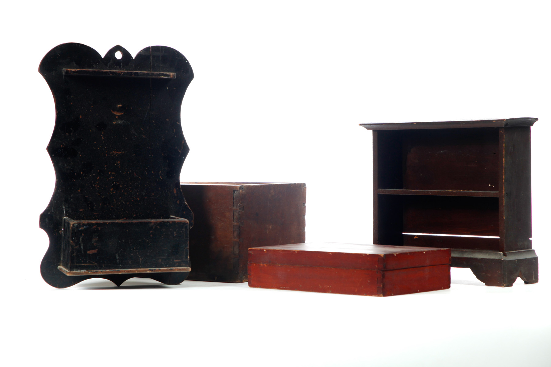 Appraisal: AMERICAN BOXES AND MINIATURE CUPBOARD Nineteenth century mixed woods including