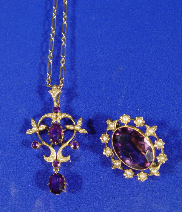 Appraisal: Edwardian gold amethyst and seed pearl pendant on a ct