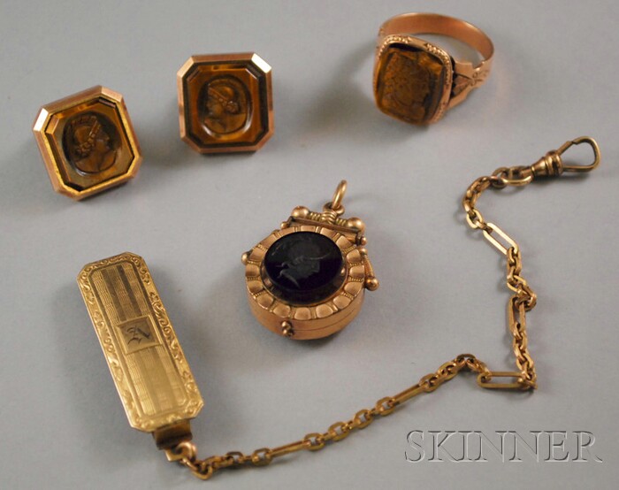 Appraisal: Four Antique Low-karat Gold and Tiger's-eye Jewelry Items a pair